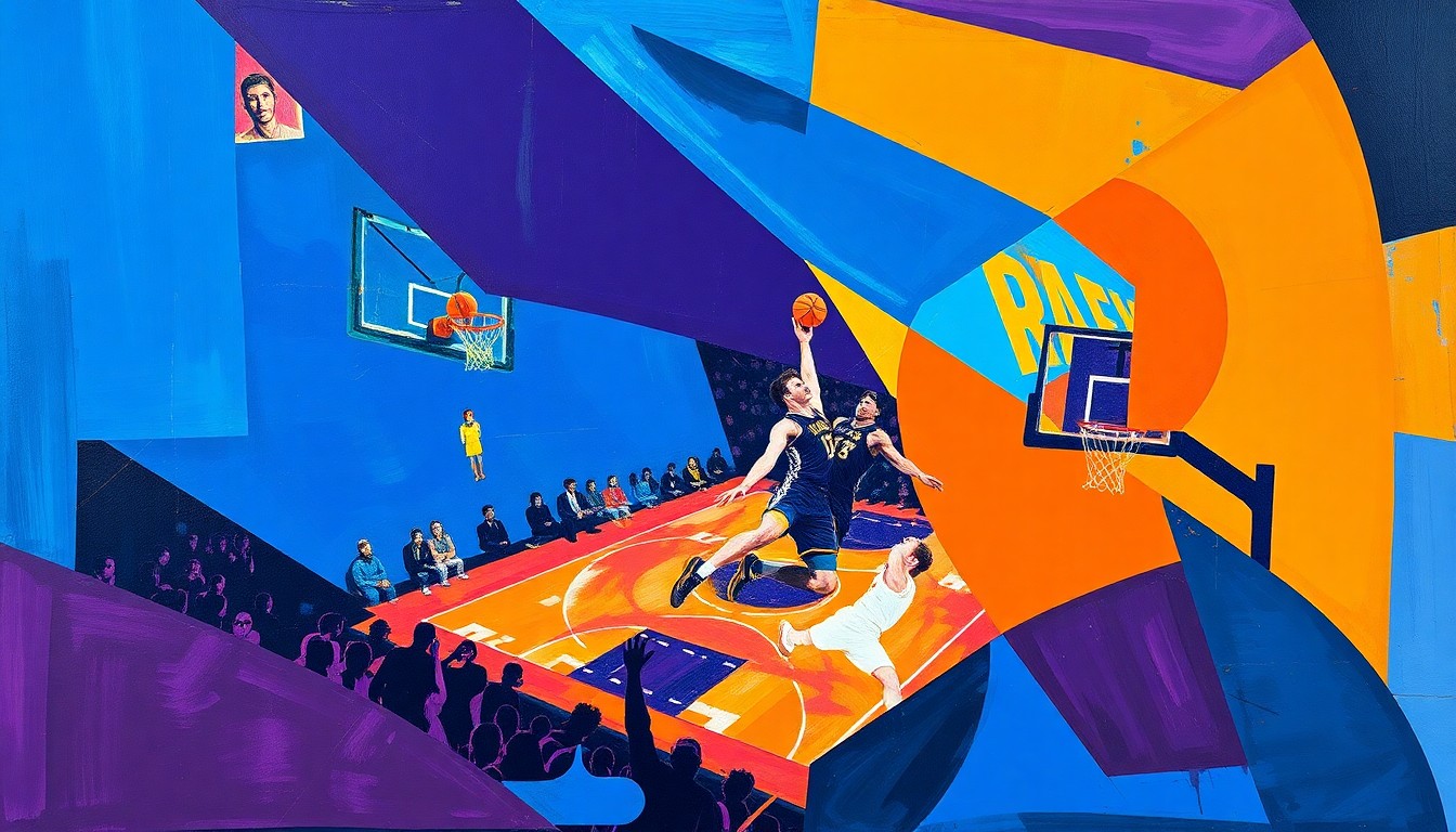 A cubist, geometric painting depicting a fragmented basketball game, with sharp planes of color representing the action on the court.
