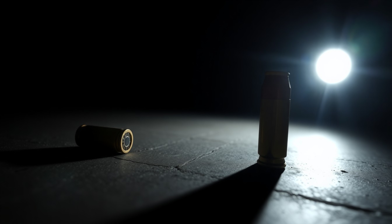An extreme close-up photograph of a single bullet casing on a dark, shadowy surface, lit by a harsh, direct camera flash, conceptually representing the aftermath of a school shooting incident.