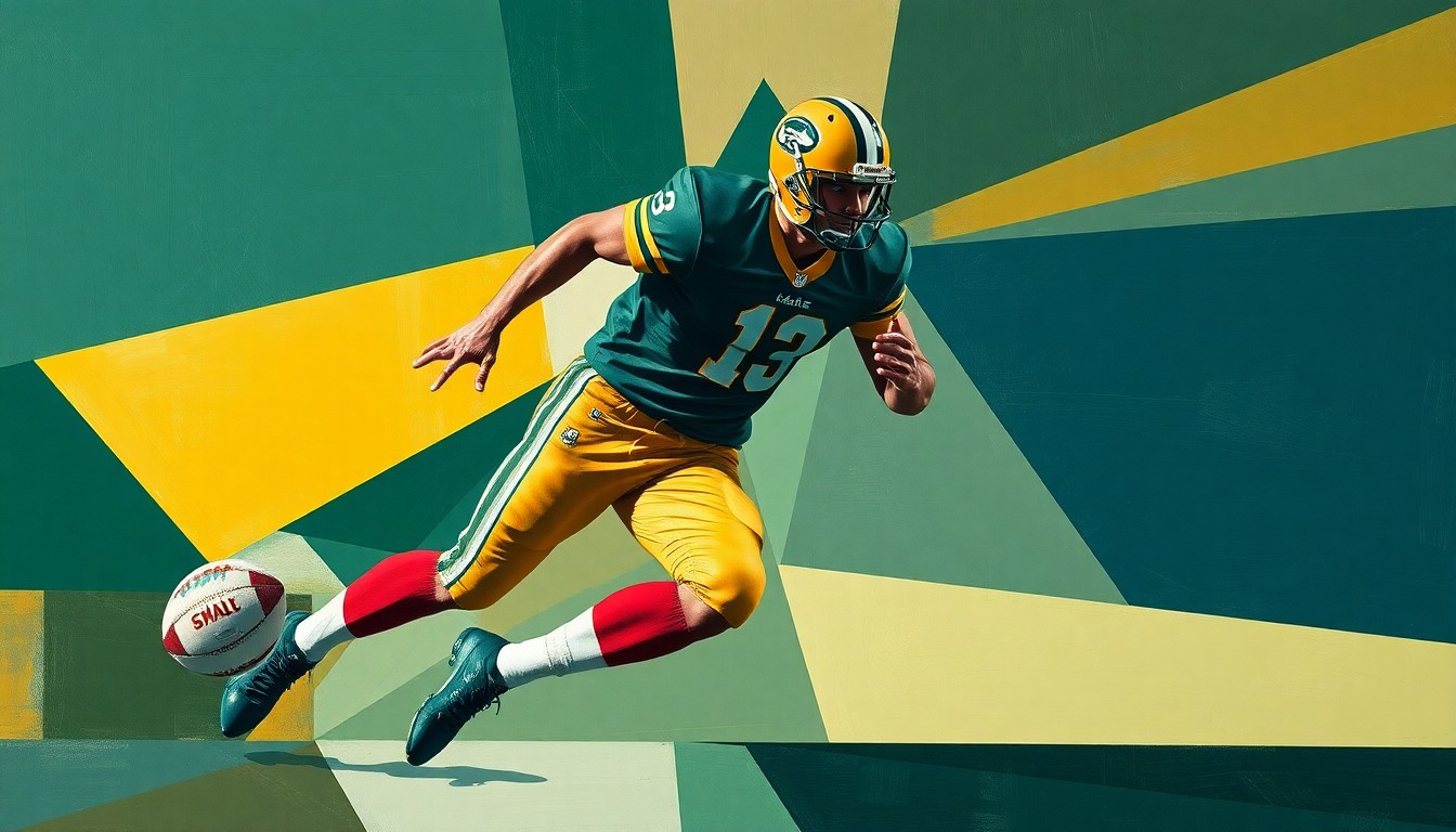 A cubist-style painting depicting a football player in motion, broken down into sharp, overlapping geometric shapes in shades of green, gold, and blue, conceptually representing the dynamic athleticism of the injured Packers linebacker.