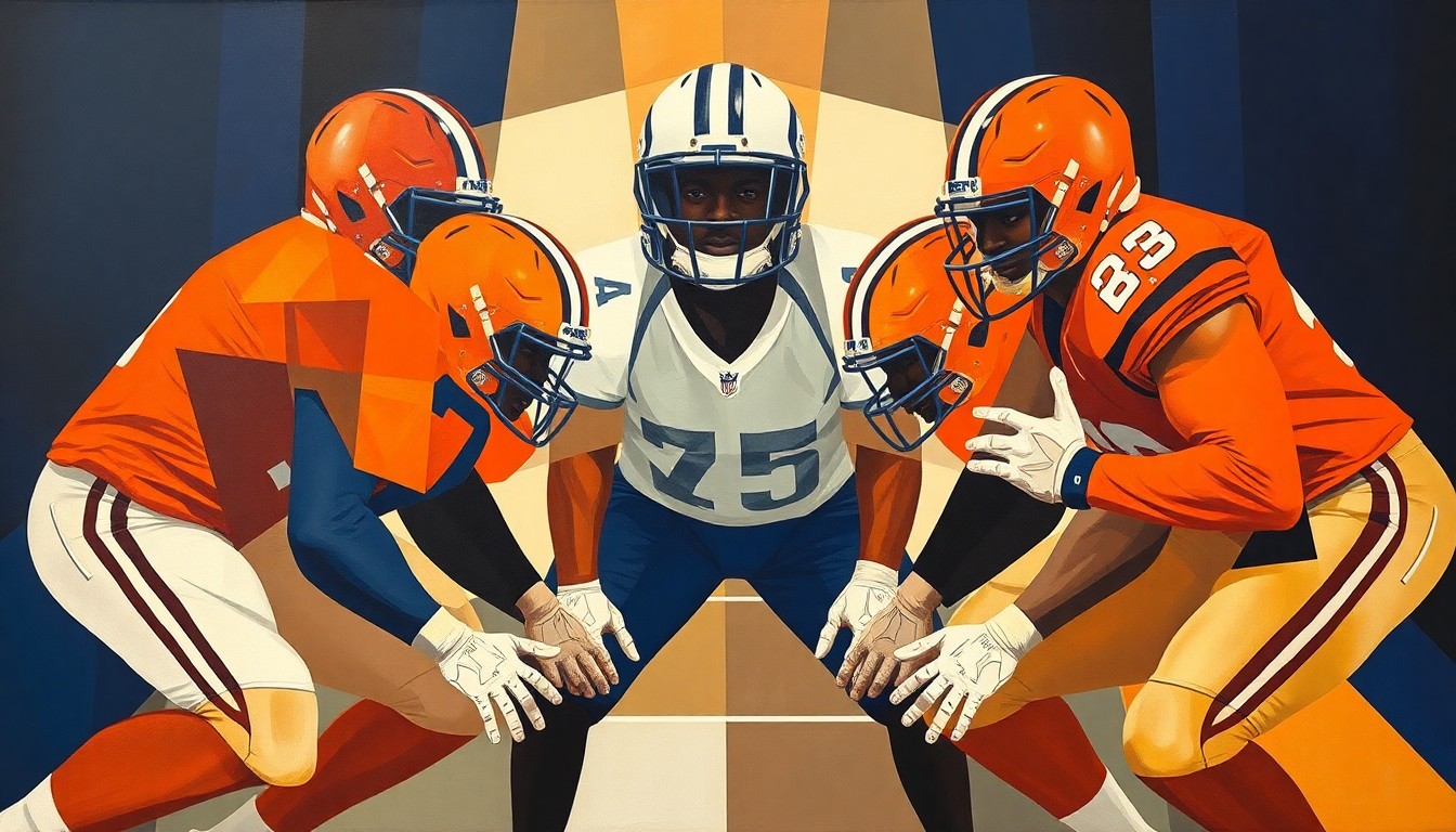 A fractured, cubist-style painting depicting the geometric shapes and planes of a football offensive line, rendered in the colors of the Texas Longhorns.