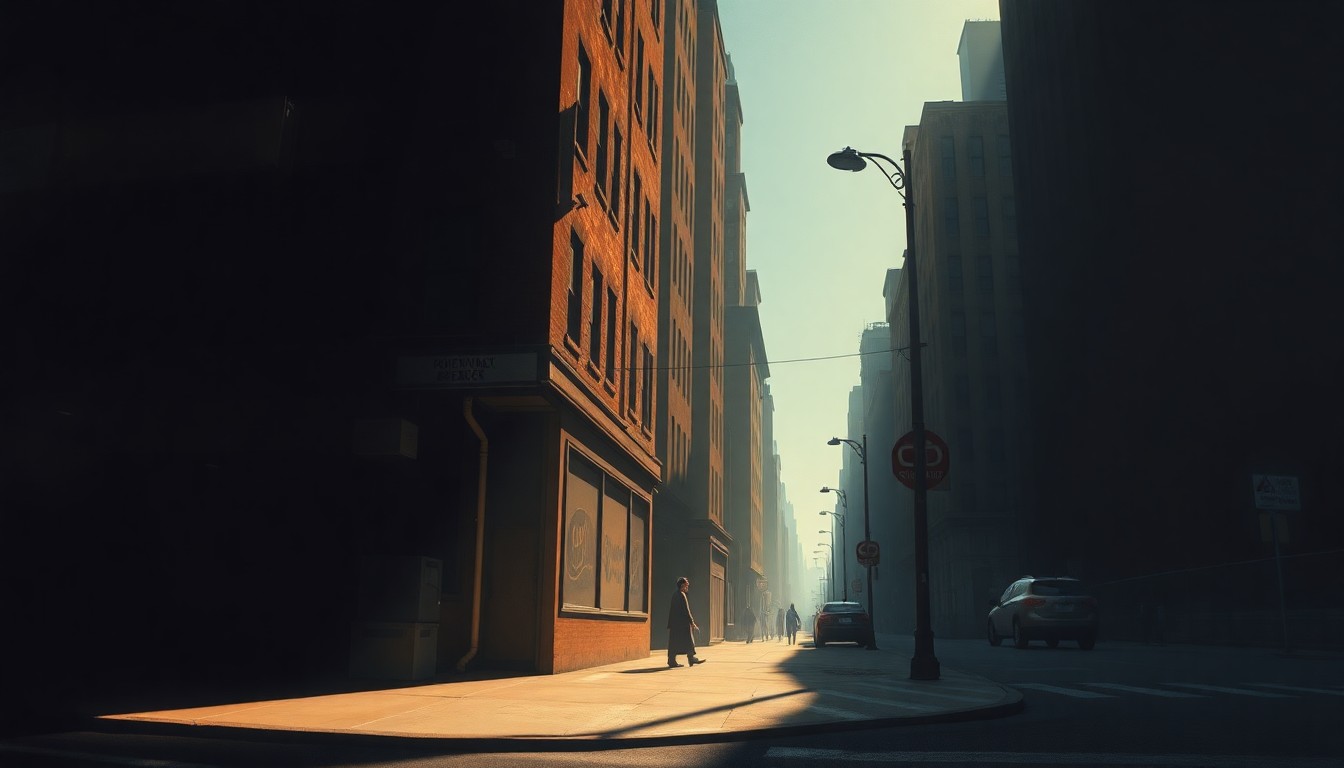 A cinematic painting of a quiet Lower Manhattan street corner, with warm sunlight and deep shadows creating a sense of melancholy and unease, conceptually representing the ongoing battle for answers and accountability regarding the city's response to the 9/11 attacks.
