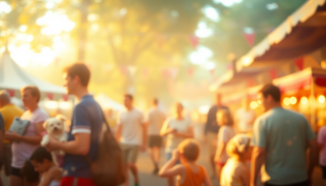 An abstract, impressionistic scene of people and animals enjoying an outdoor festival, with soft, blurred pools of warm light and color creating a sense of joy and community.