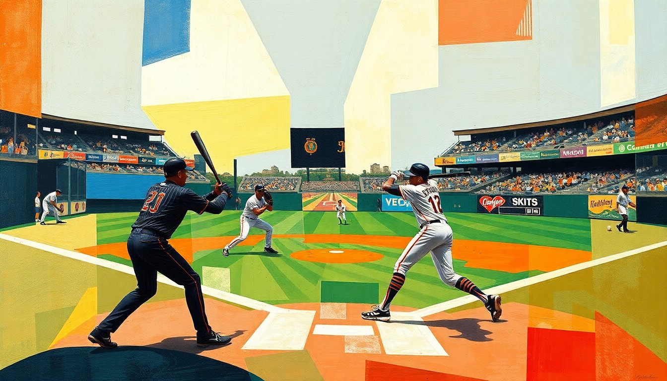 A cubist, geometric painting depicting the dynamic action of a baseball game, with the players' forms broken down into overlapping planes of color and abstract shapes, conveying the energy and movement of the sport.
