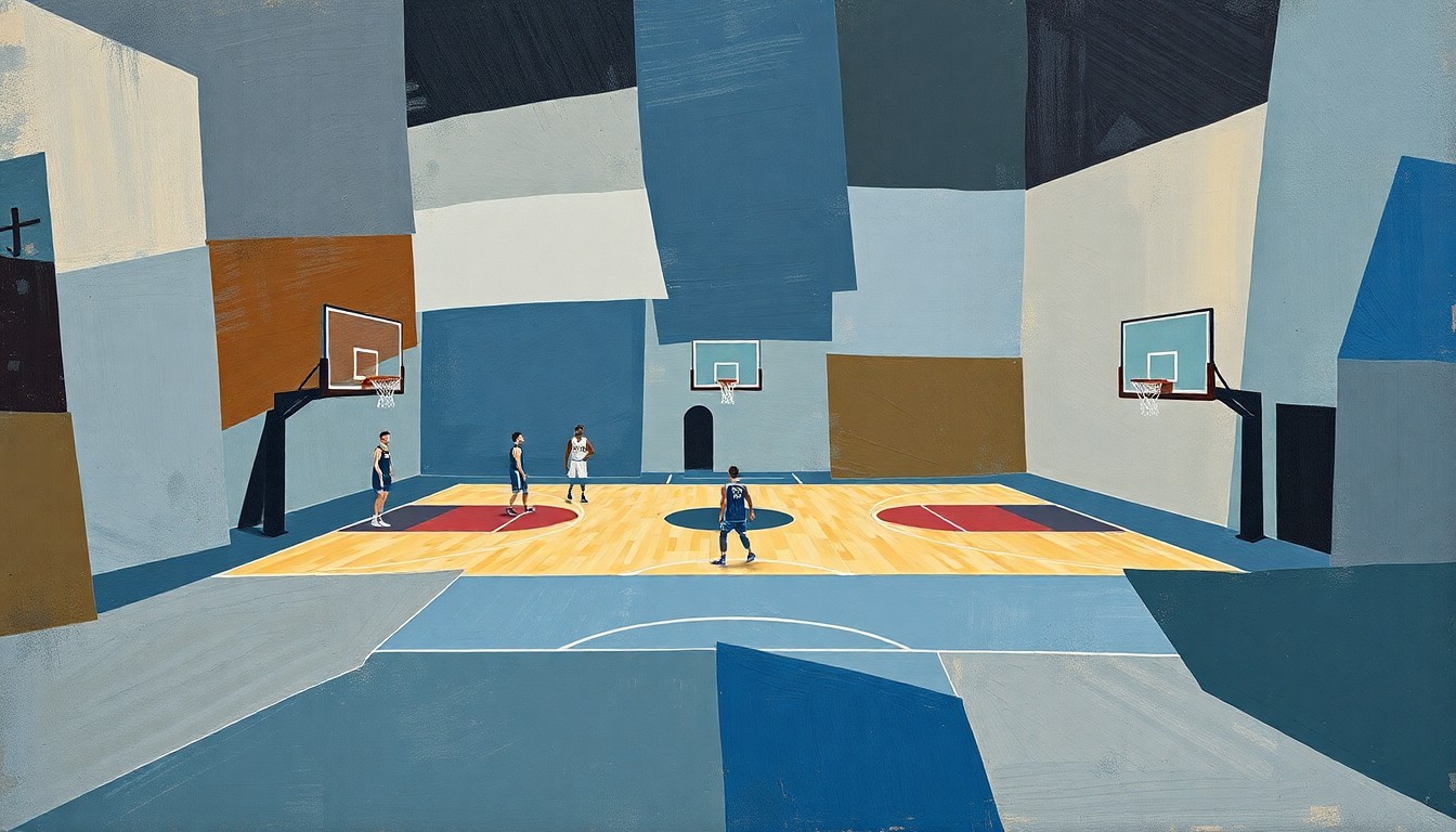 A cubist, geometric painting depicting a fragmented basketball court and players, conveying the complex issues surrounding the Bulls' decision to waive Jaden Ivey.