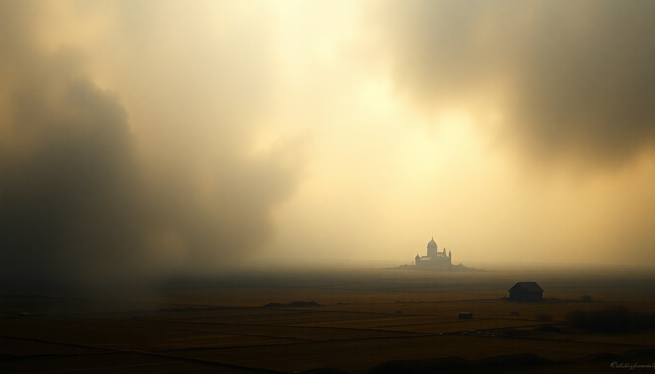 A vast, atmospheric landscape painting in muted tones of gray, blue, and orange, with a faint outline of a damaged structure barely visible in the distance, conveying the overwhelming, sublime scale of the natural world in the wake of a disaster.