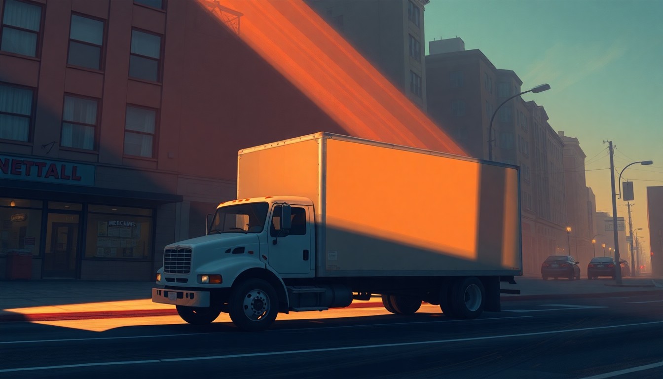 A serene, photorealistic painting of a solitary commercial truck parked on a city street, with warm sunlight casting long shadows across the scene, conceptually illustrating the disruption to immigrant workers' livelihoods.