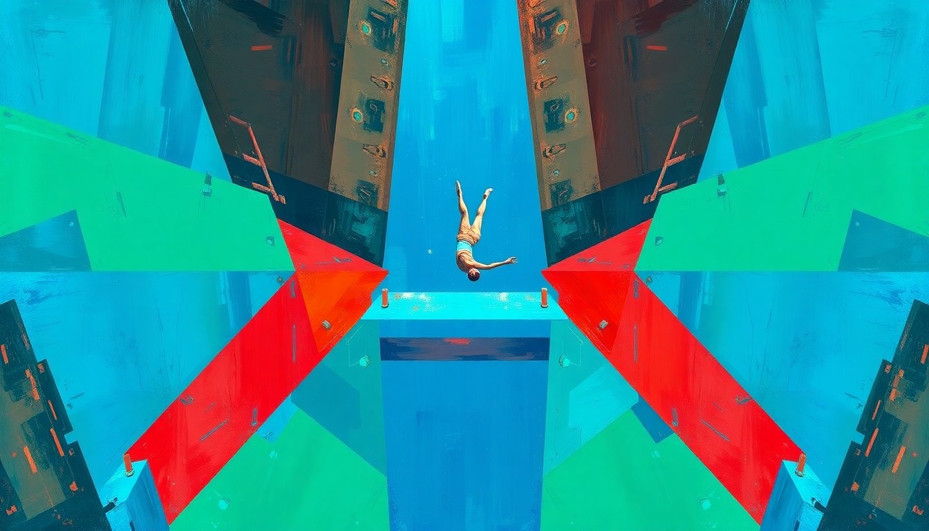 A fractured, cubist-style painting depicting the dynamic movements and multiple perspectives of a diver in mid-air, with vibrant colors and sharp geometric shapes conveying the energy and artistry of the sport.