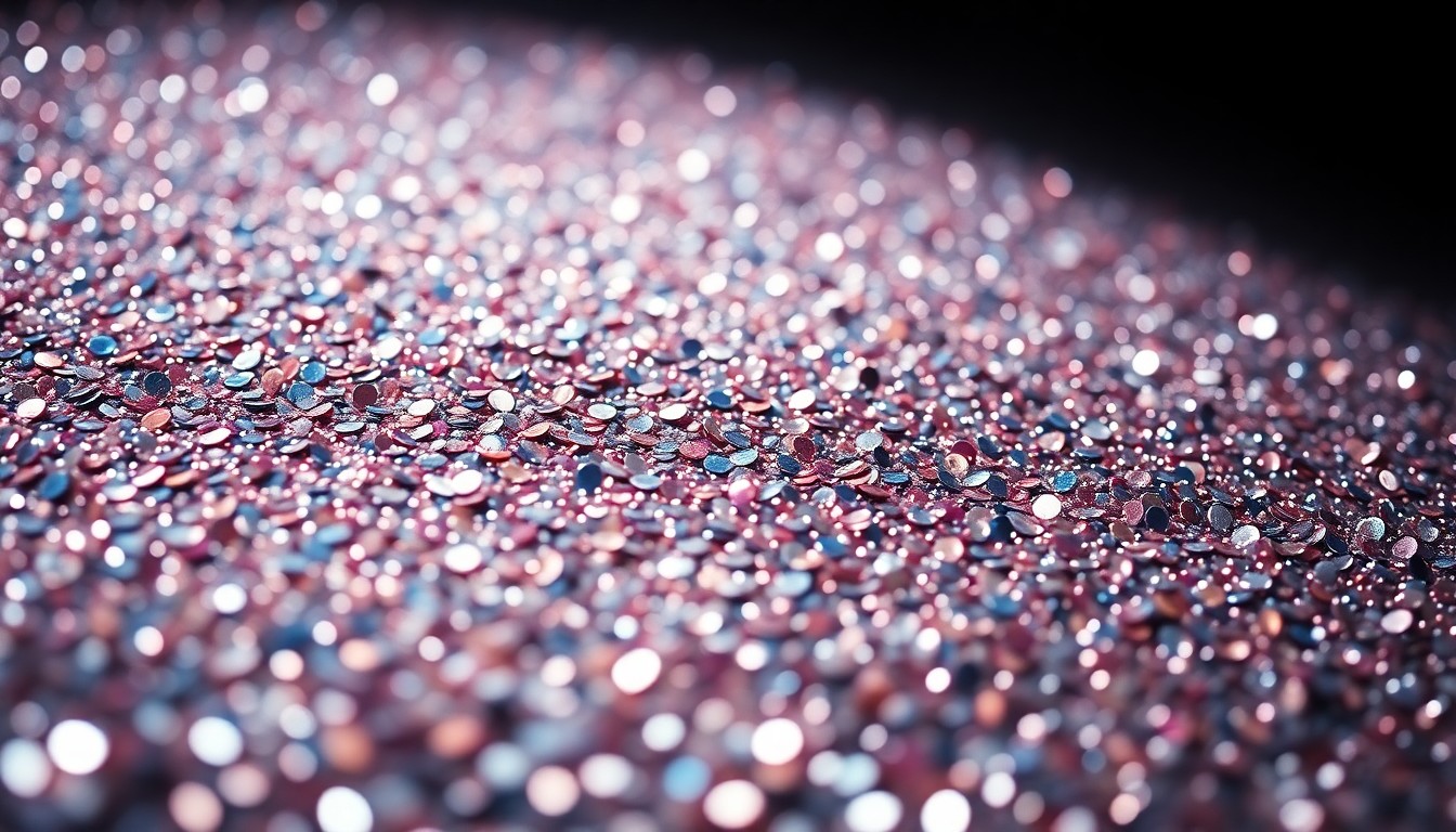 An abstract close-up photograph of shimmering, glittering sequins illuminated by dramatic studio lighting, conveying a sense of luxury and entertainment industry glamour.