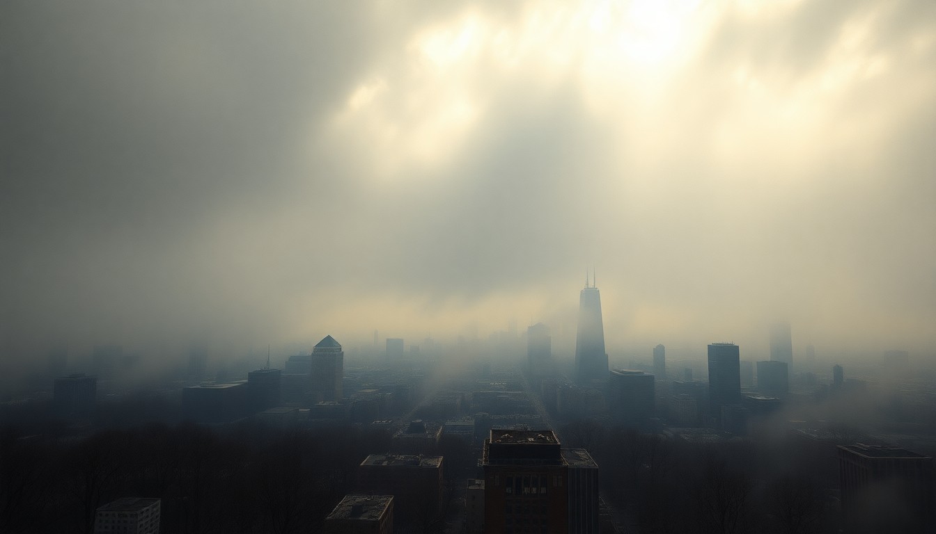 A vast, atmospheric landscape painting in muted tones of grey, blue, and white, depicting the iconic Prudential Tower and other Boston landmarks barely visible through heavy fog, dwarfed by the overwhelming presence of the weather.