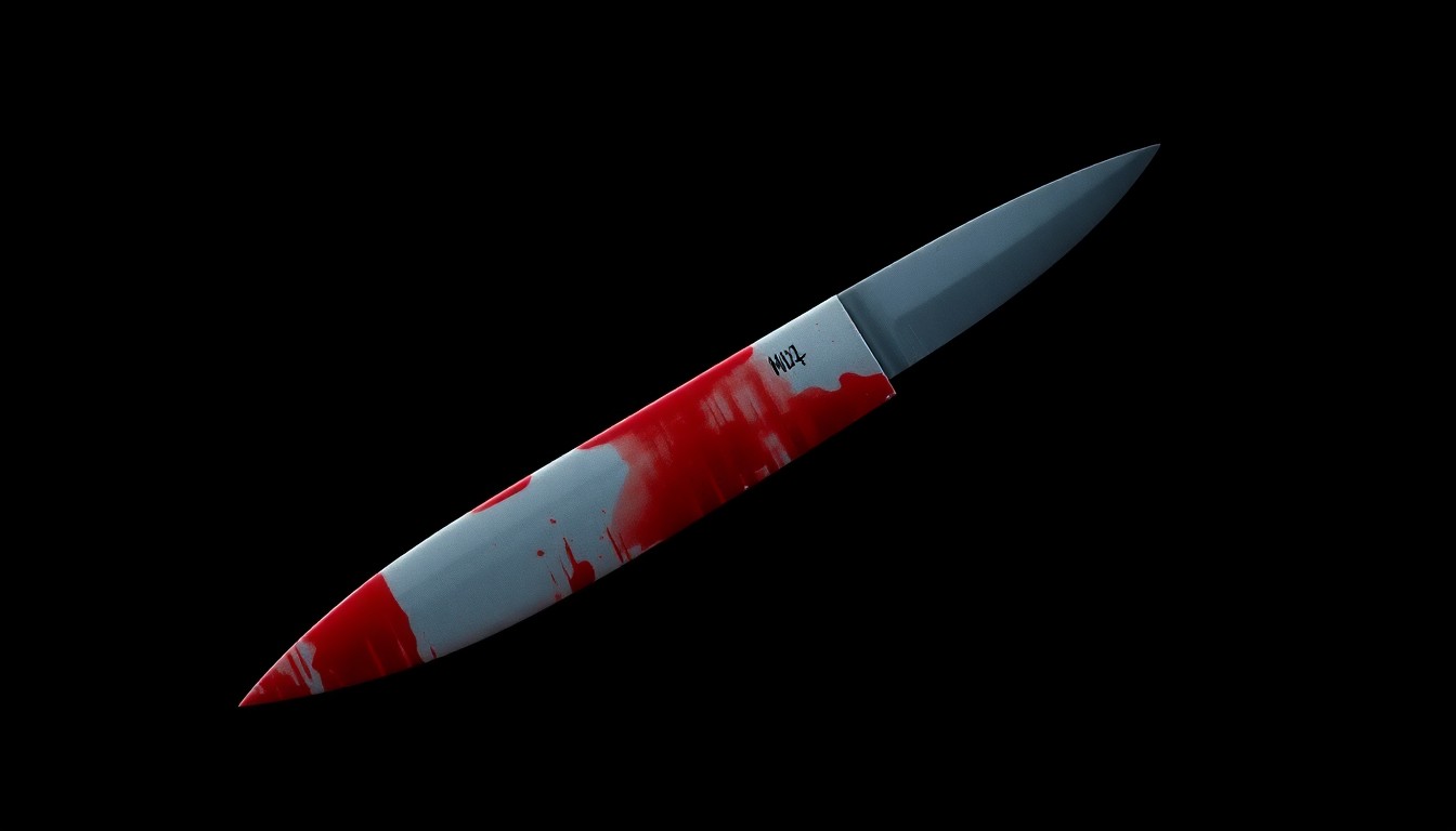 An extreme close-up of a bloodied knife, the harsh flash illuminating the gritty details of the weapon used in a series of alleged homicides.