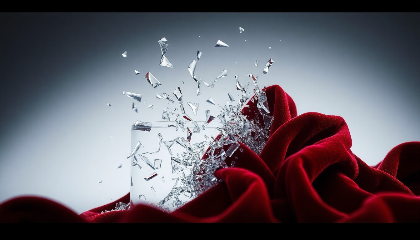 An abstract close-up image of shattered glass and crumpled velvet fabric, captured in dramatic high-contrast studio lighting to create a sense of glamour and fragility.