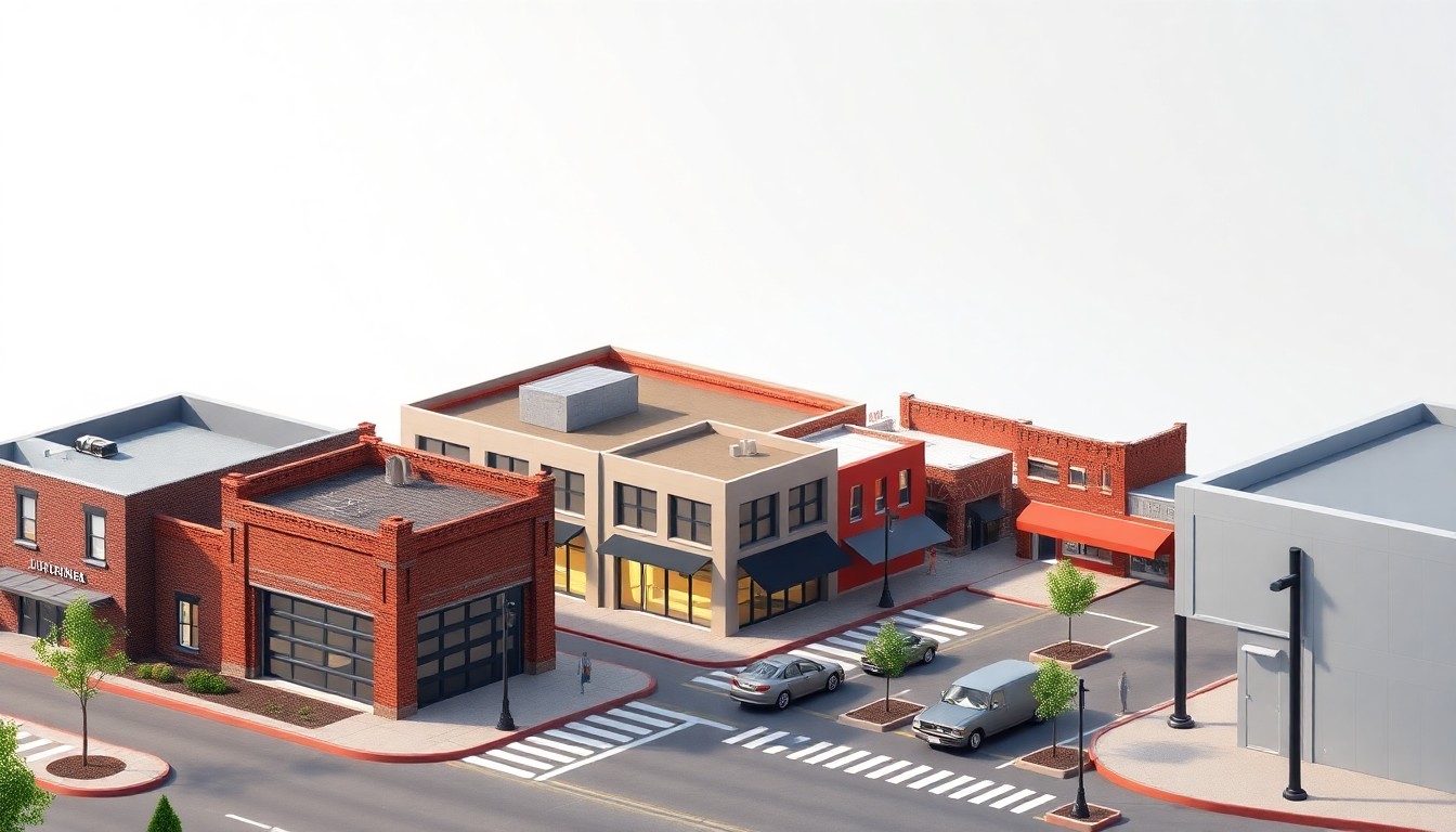 A miniature, stylized 3D illustration of the Burlington Center in Knoxville, featuring the new firehouse, updated streetscape with sidewalks and lighting, and surrounding buildings, all rendered in a clean, modern aesthetic with bold colors and soft lighting to convey the sense of renewal and revitalization.