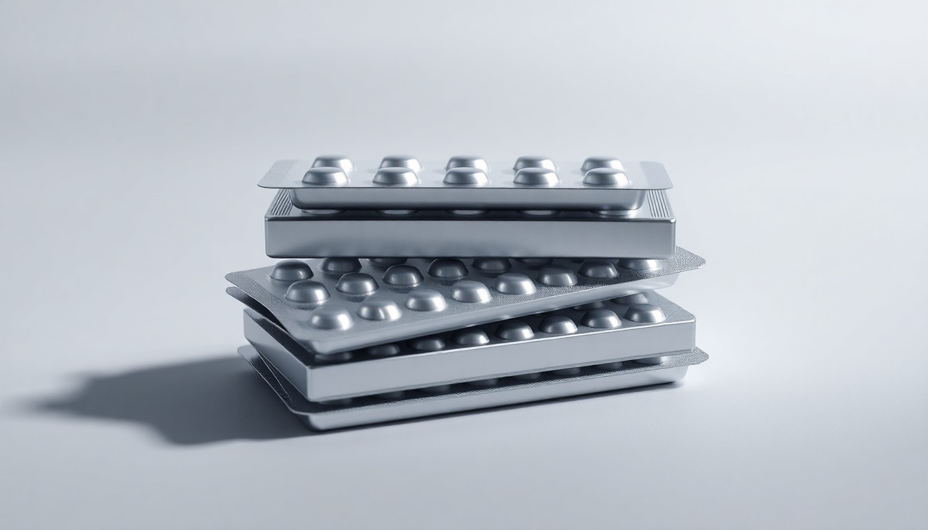A high-end, photorealistic studio still-life photograph featuring a stack of premium pharmaceutical blister packs made from sleek, polished aluminum and glass materials, arranged elegantly on a clean, monochromatic seamless background with dramatic studio lighting and deep shadows, conceptually representing the advanced technology and regulatory compliance of modern pharmaceutical packaging.