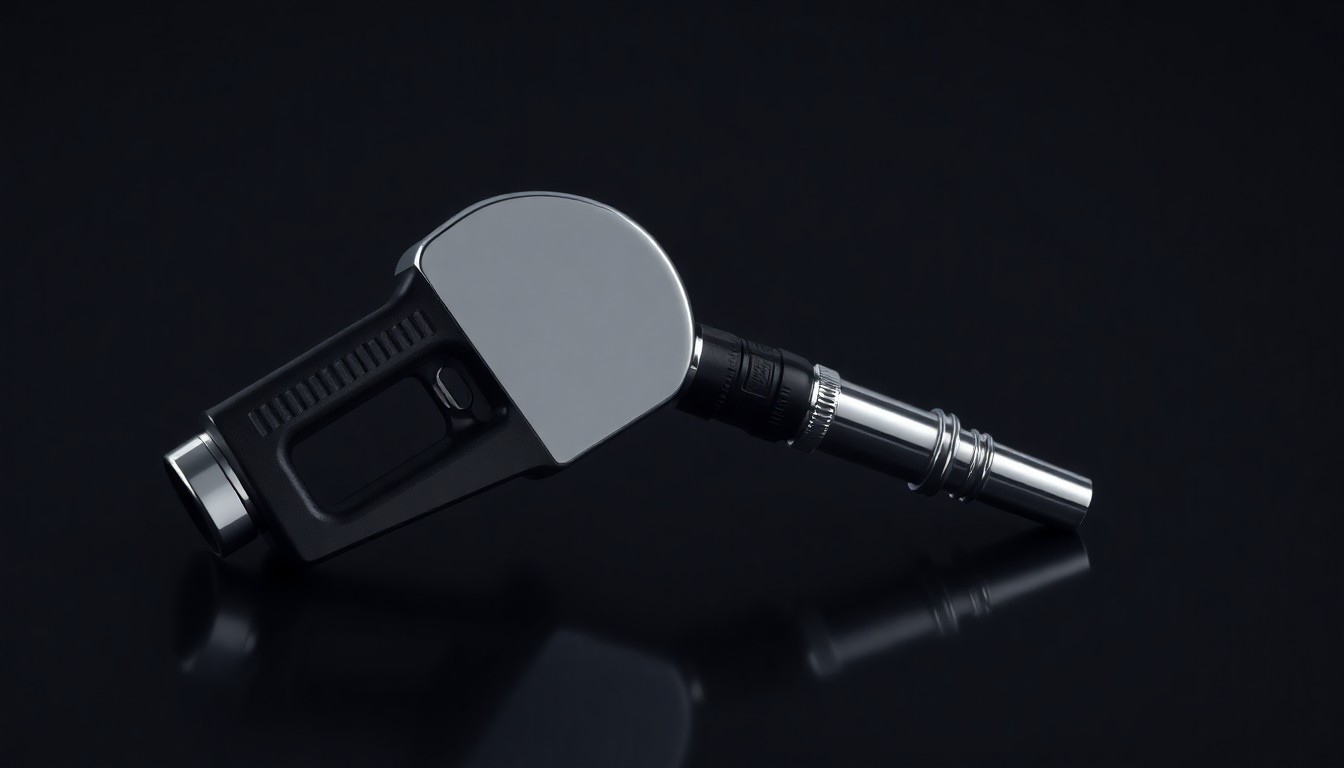 A close-up photograph of a shiny, chrome-finished gas pump nozzle resting on a sleek, black reflective surface, conveying a sense of premium quality and corporate strategy.