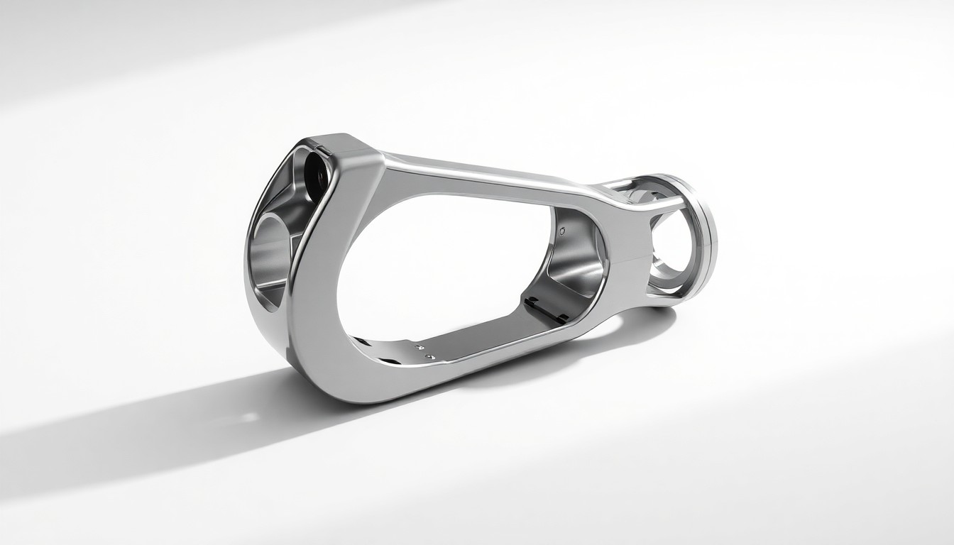 A highly detailed, photorealistic studio photograph of a polished, chrome-plated excavator attachment coupler resting on a clean, white background, conceptually representing the precision and reliability of a new industry standard.