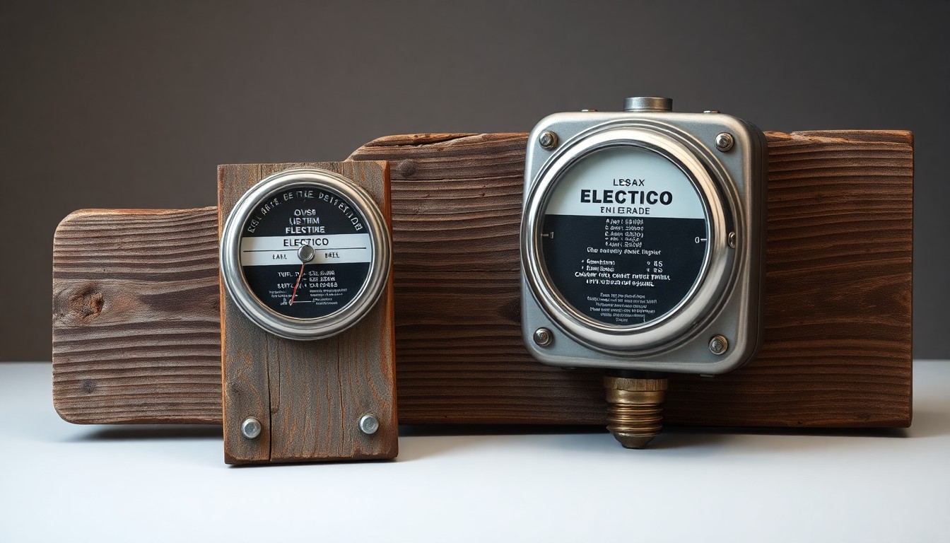 A photorealistic studio still life featuring a polished metallic electric meter and a weathered wooden board, symbolizing the reliable delivery of electricity to rural communities over decades.