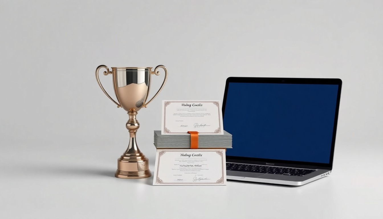 A high-end, photorealistic studio still-life featuring a polished metal trophy, a stack of professional certificates, and a laptop computer on a clean, monochromatic background, conceptually representing the accomplishments and ongoing work of a business leader.