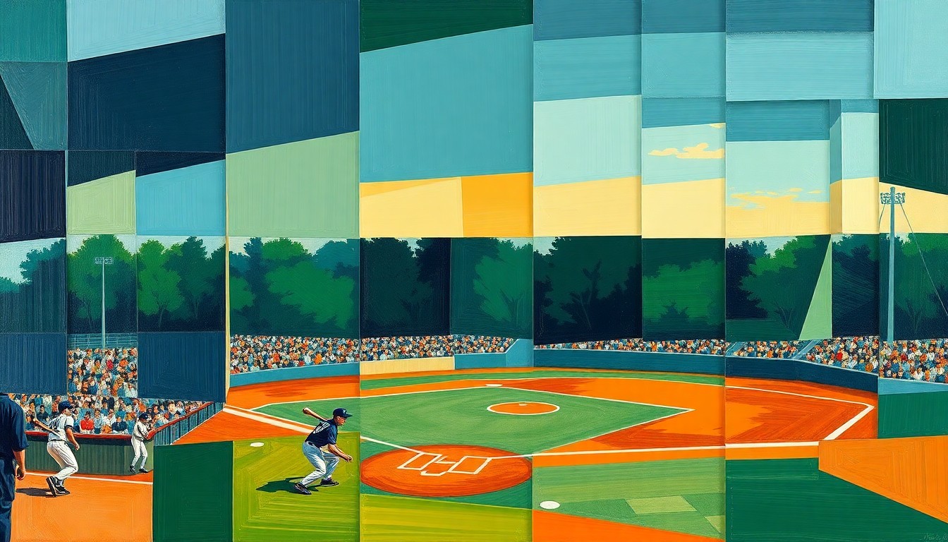 A fragmented, geometric painting depicting a high school baseball game, with overlapping planes of navy, green, and orange hues conveying the dynamic energy of the contest.