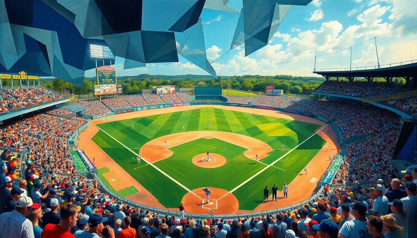 A fractured, geometric painting in the style of Pablo Picasso, breaking down a high school baseball game into abstract shapes and planes of color, conveying the raw energy and drama of the competition.