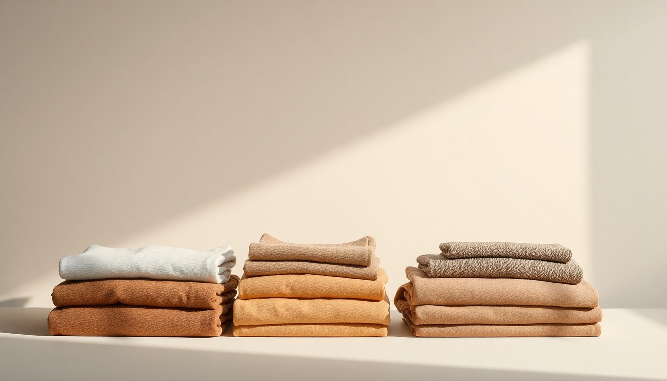 A high-end, photorealistic studio still-life photograph featuring a neatly arranged display of folded clothing items in muted earth tones, conceptually representing the expansion of a popular discount retail brand into a growing shopping district.