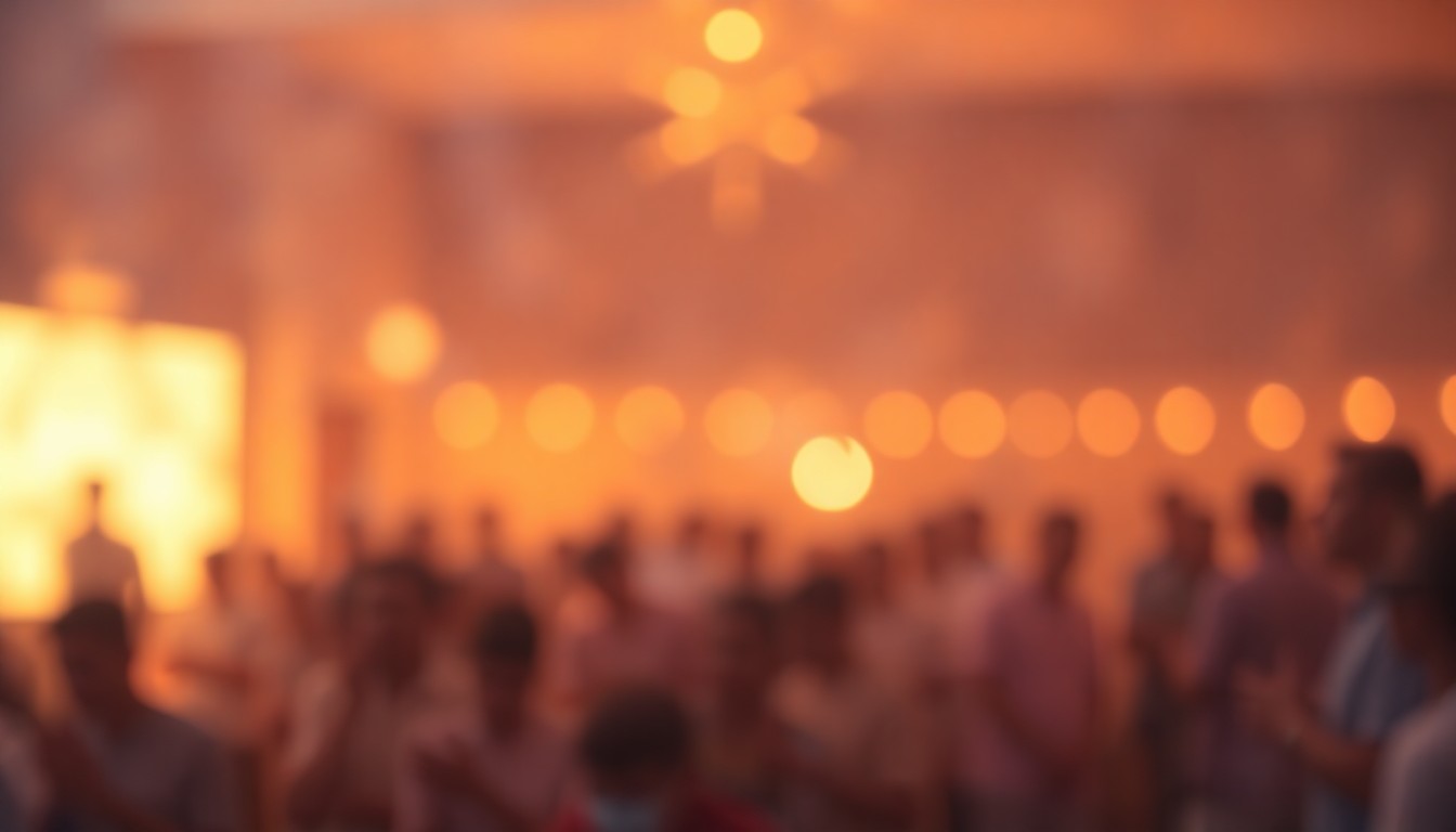 An abstract, impressionistic photograph depicting a blurred, out-of-focus scene of a community prayer gathering, with soft pools of warm, muted light filling the frame and only faint silhouettes of attendees visible.