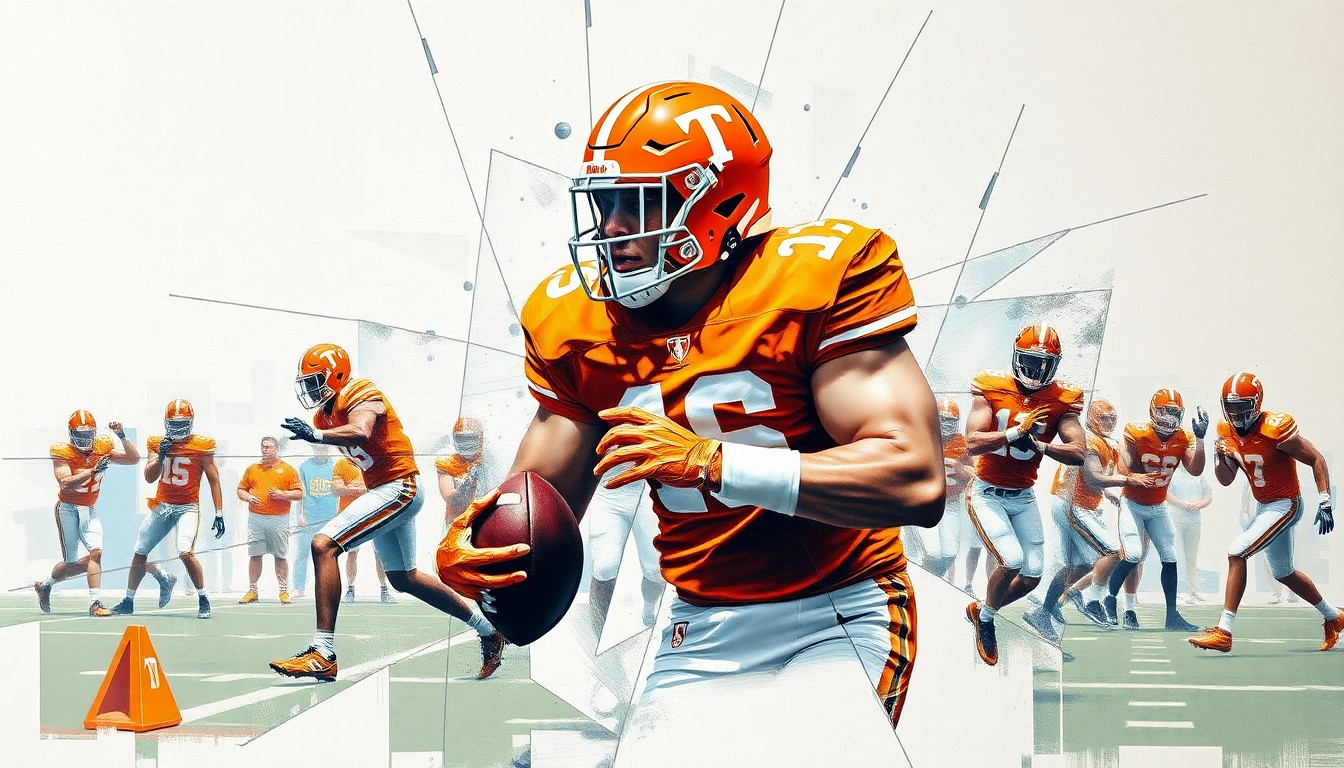 A cubist, geometric painting depicting the movements and drills of a Tennessee football player at Pro Day, with sharp, overlapping planes of color and form.
