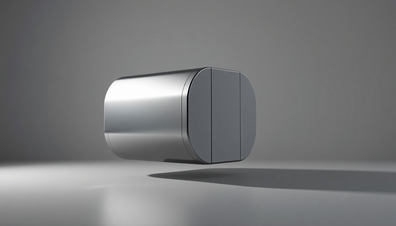 A sleek, metallic water generation device with clean geometric shapes and polished surfaces, floating elegantly on a monochromatic seamless background and bathed in dramatic studio lighting, conceptually representing the technological innovation and energy efficiency of AirJoule's water generation solutions.