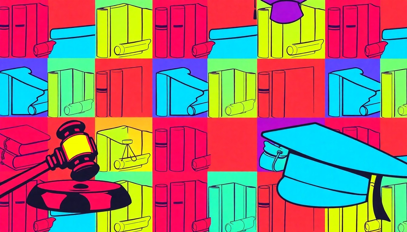 A grid of brightly colored, high-contrast silkscreen images depicting legal symbols like a gavel, law books, and a graduation cap, conceptually representing the energy and creativity of the University of Cincinnati's law school gift.