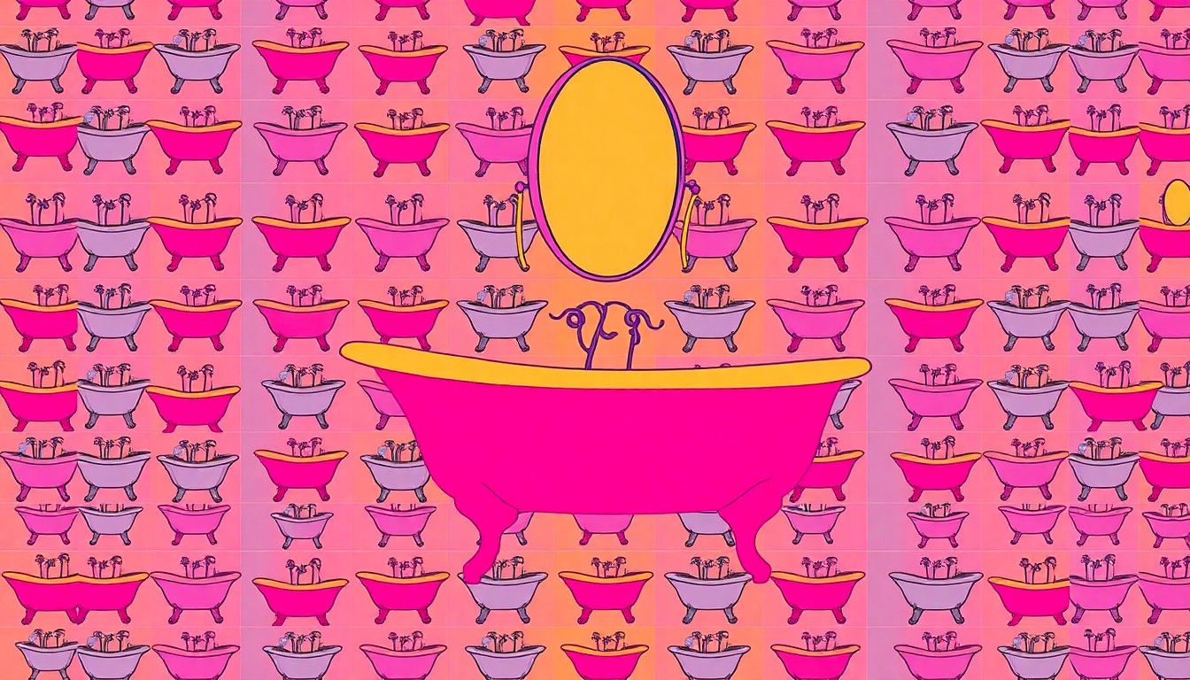 A high-contrast, brightly colored silkscreen print of a bathroom vanity mirror repeated in a grid pattern, conceptually representing the blend of historic and contemporary design elements in the home's remodel.