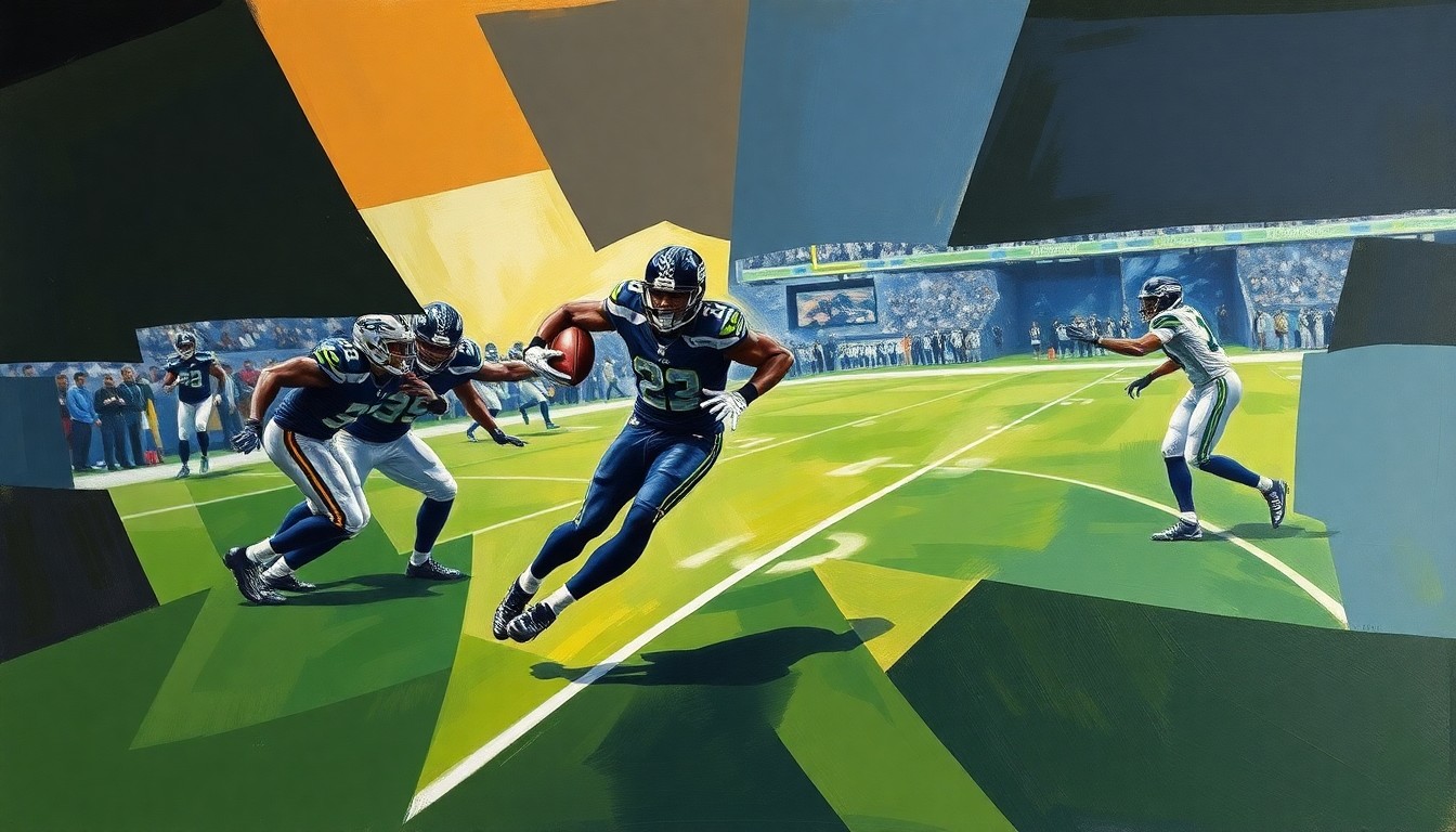 A fractured, multi-angled painting depicting a Seahawks defensive play, with sharp geometric shapes and planes representing the movement and action on the field, without any identifiable players or logos.