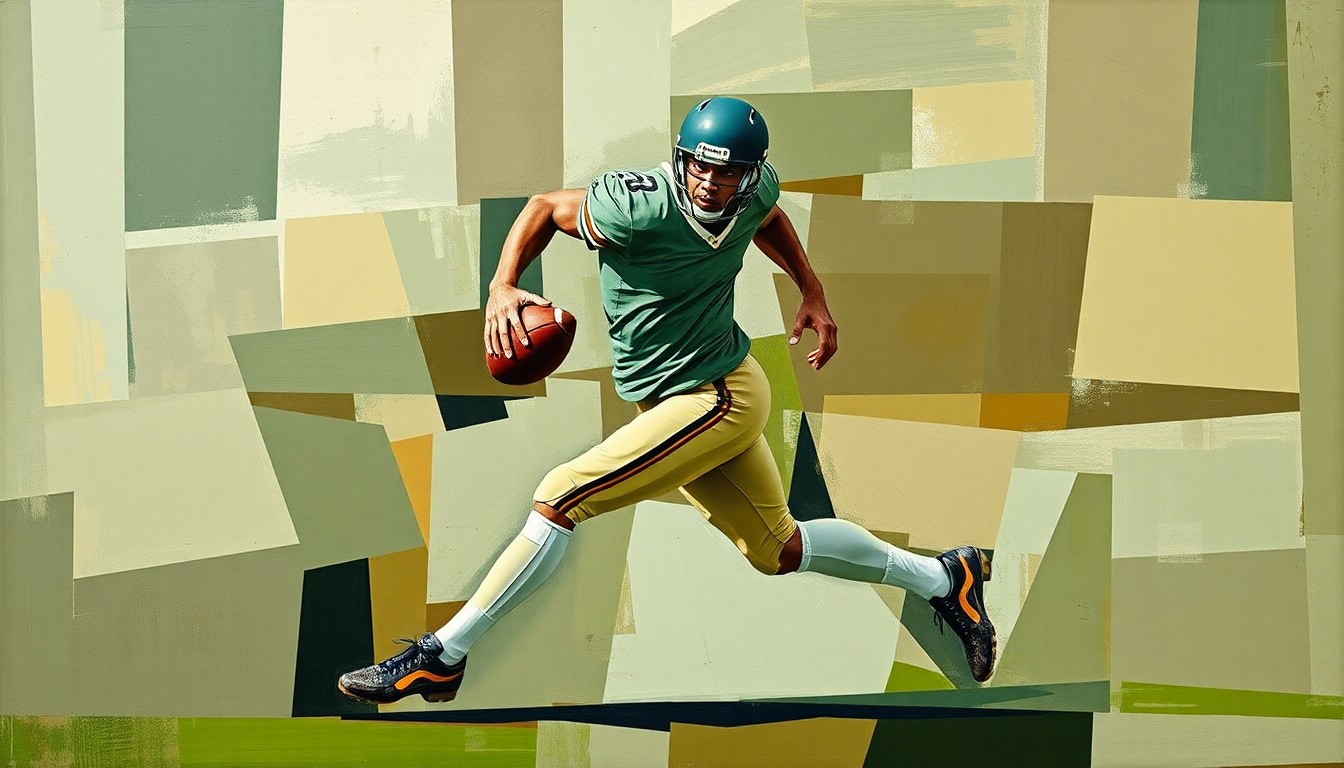A cubist-style painting depicting a football player in mid-stride, their form broken down into sharp, overlapping geometric shapes in a muted color palette, conveying the complexity and uncertainty surrounding the player's future.