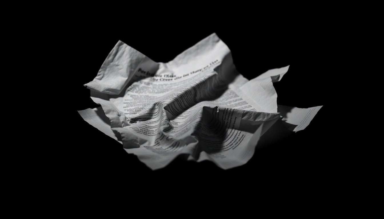 An extreme close-up photograph of a crumpled, discarded financial document or contract, lit by a harsh, direct camera flash against a pitch-black background, conceptually illustrating the financial exploitation and emotional damage caused by the OneTaste forced labor case.