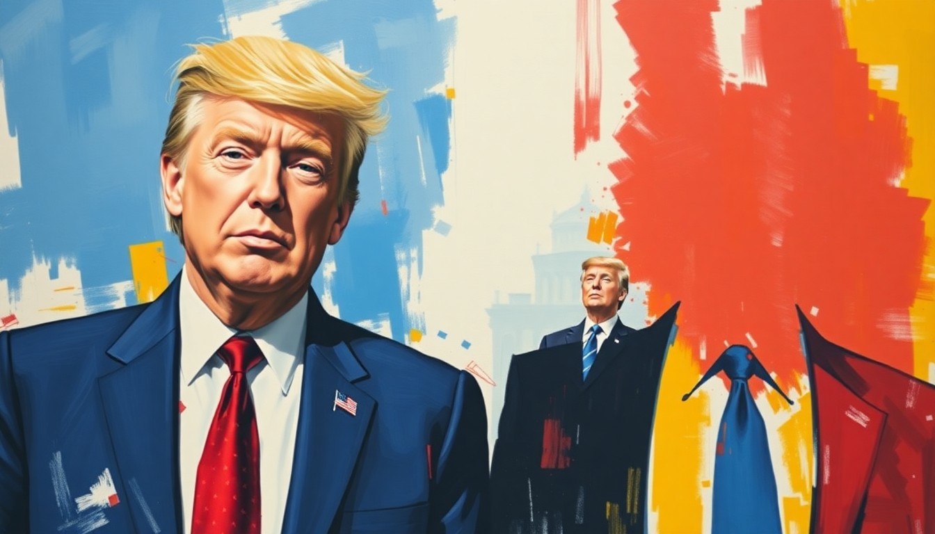 An abstract, fractured painting with overlapping geometric shapes and brushstrokes in blue, red, and yellow, representing the dynamic political contest between two figures in suits.