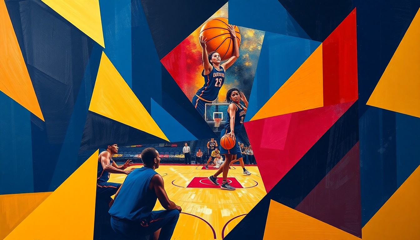 A dynamic, abstract painting featuring fragmented geometric shapes and planes in navy, crimson, and gold, conceptually representing the energy and movement of a women's basketball game.