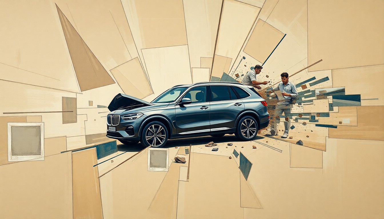 A cubist-style painting depicting a fractured, geometric interpretation of a car crash scene, with overlapping planes of muted earth tones representing the damaged luxury SUV involved.