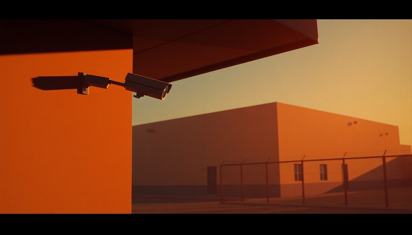 An extreme close-up of a security camera mounted on the exterior of a nondescript building, the lens reflecting a faint red light and casting long shadows across the textured concrete wall, conceptually illustrating the confrontation between a lawmaker and federal agents.