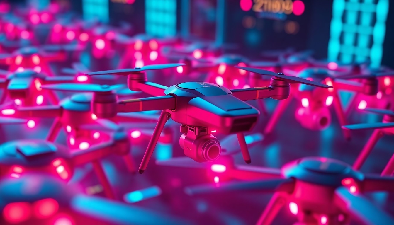 A highly detailed, glowing 3D macro illustration of a swarm of autonomous drones with neon cyan and magenta lights, representing the physical hardware and digital infrastructure of an AI-powered counter-drone defense system.
