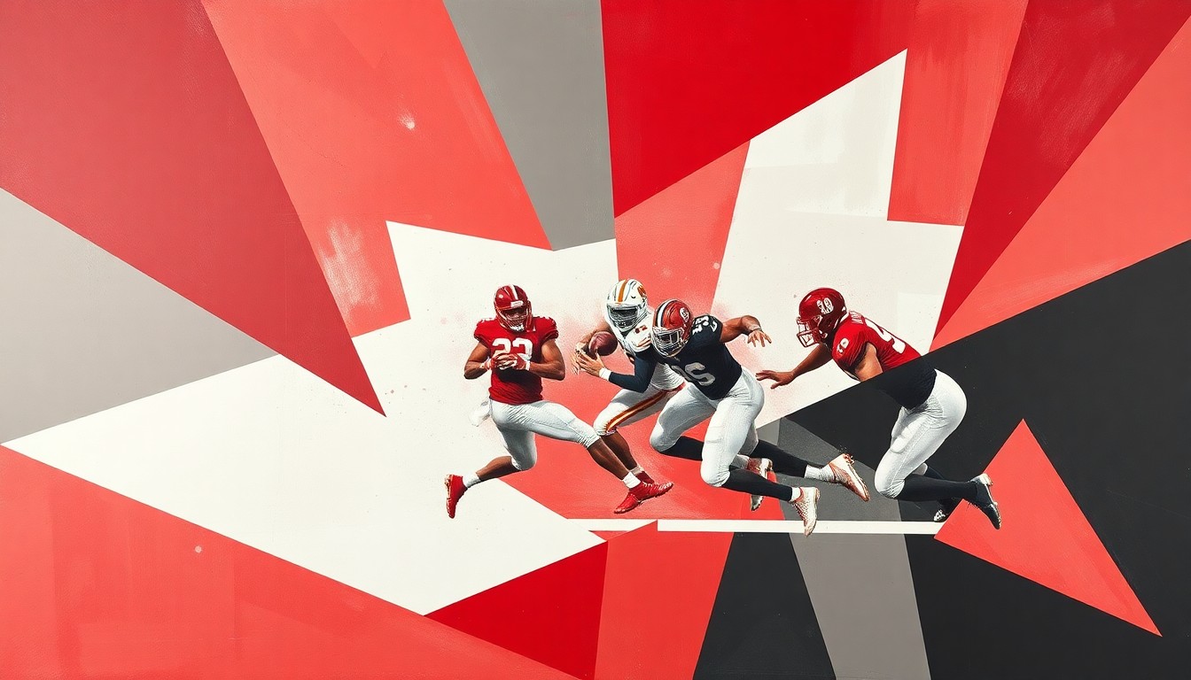 A cubist, geometric painting depicting the fractured movements and perspectives of a college football defensive play, with sharp planes of red, white, and grey intersecting to create a dynamic, abstract visual.