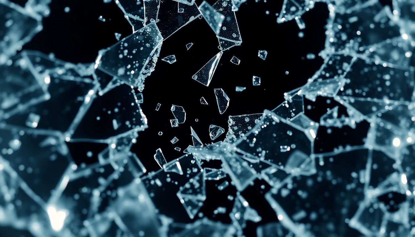 An extreme close-up of shattered glass and glittering shards, capturing the high-contrast, high-fashion aesthetic of a wedding gone wrong through an abstract, conceptual composition.