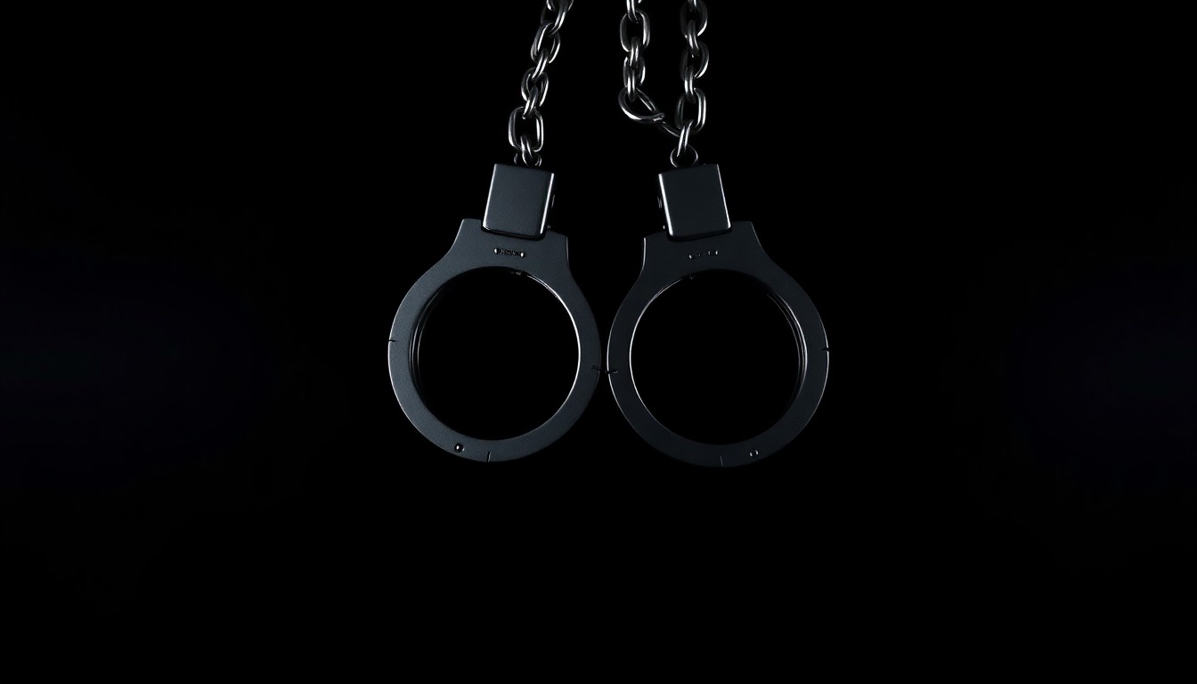 An extreme close-up of a pair of metal handcuffs against a completely black background, creating a stark, dramatic, and investigative visual metaphor for the forced labor and exploitation at the heart of this story.