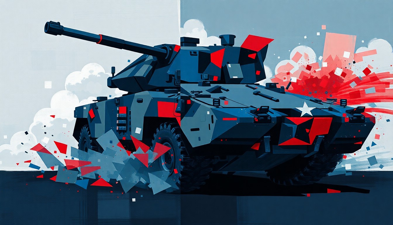 A fractured, abstract painting of a military vehicle or weapon in motion, with overlapping geometric shapes and lines in shades of blue, grey, and red, conveying a sense of speed and chaos.