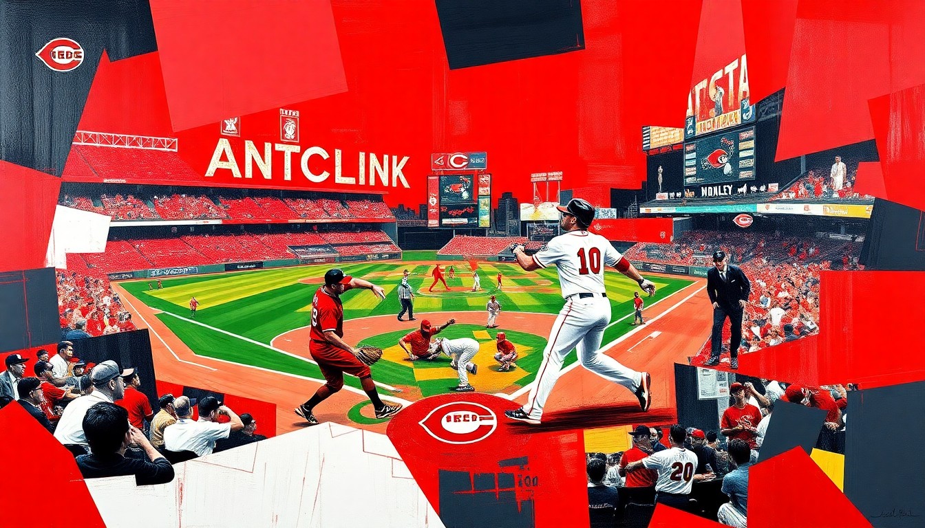 A cubist, geometric painting depicting a baseball game or action, with sharp, overlapping planes of red, black, and white colors representing the Cincinnati Reds' team palette, conveying the energy and excitement of the team's strong start to the season.
