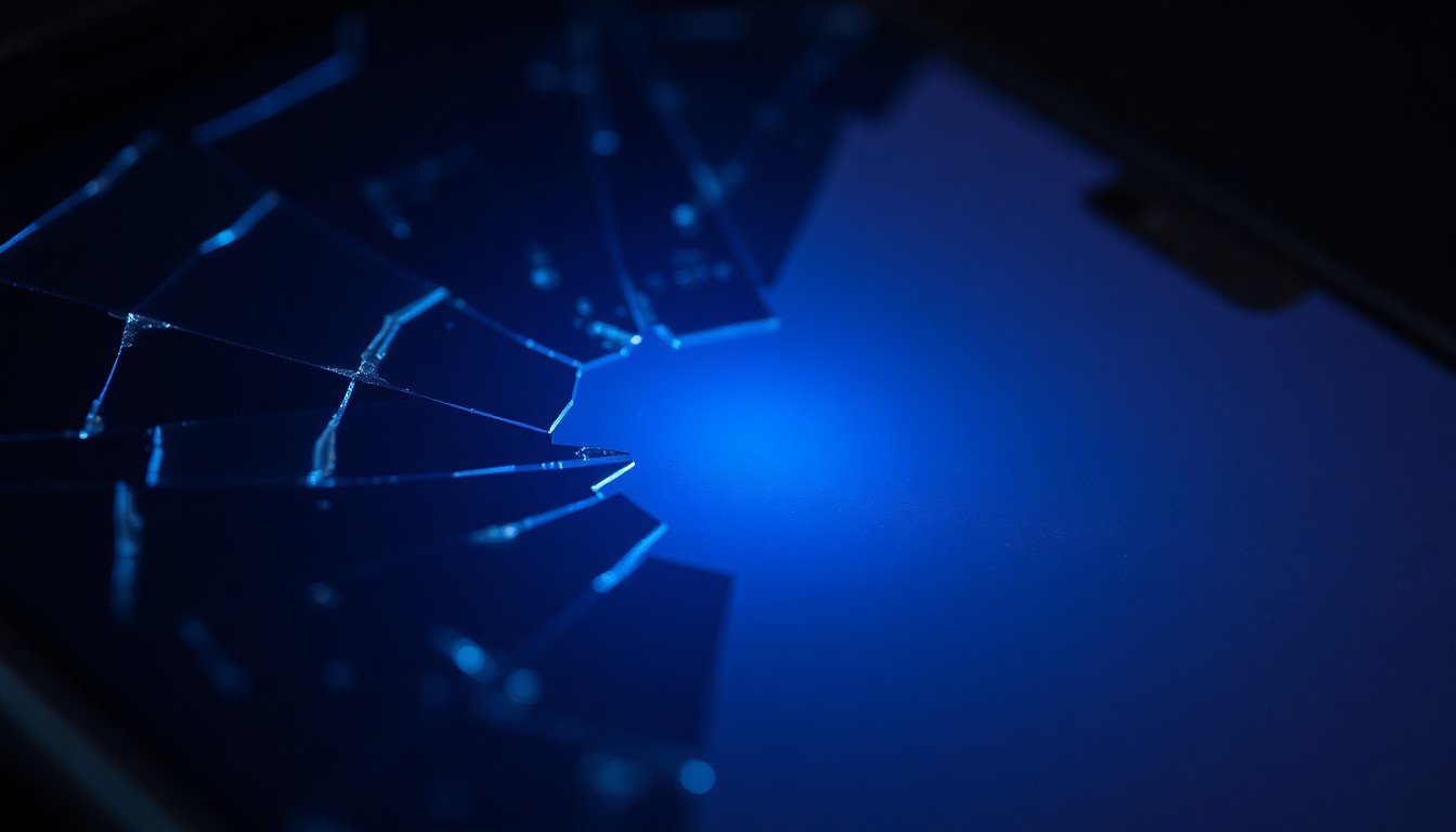 An extreme close-up of a shattered smartphone screen reflecting a faint blue light, conceptually representing the digital abuse of minors by a school employee.