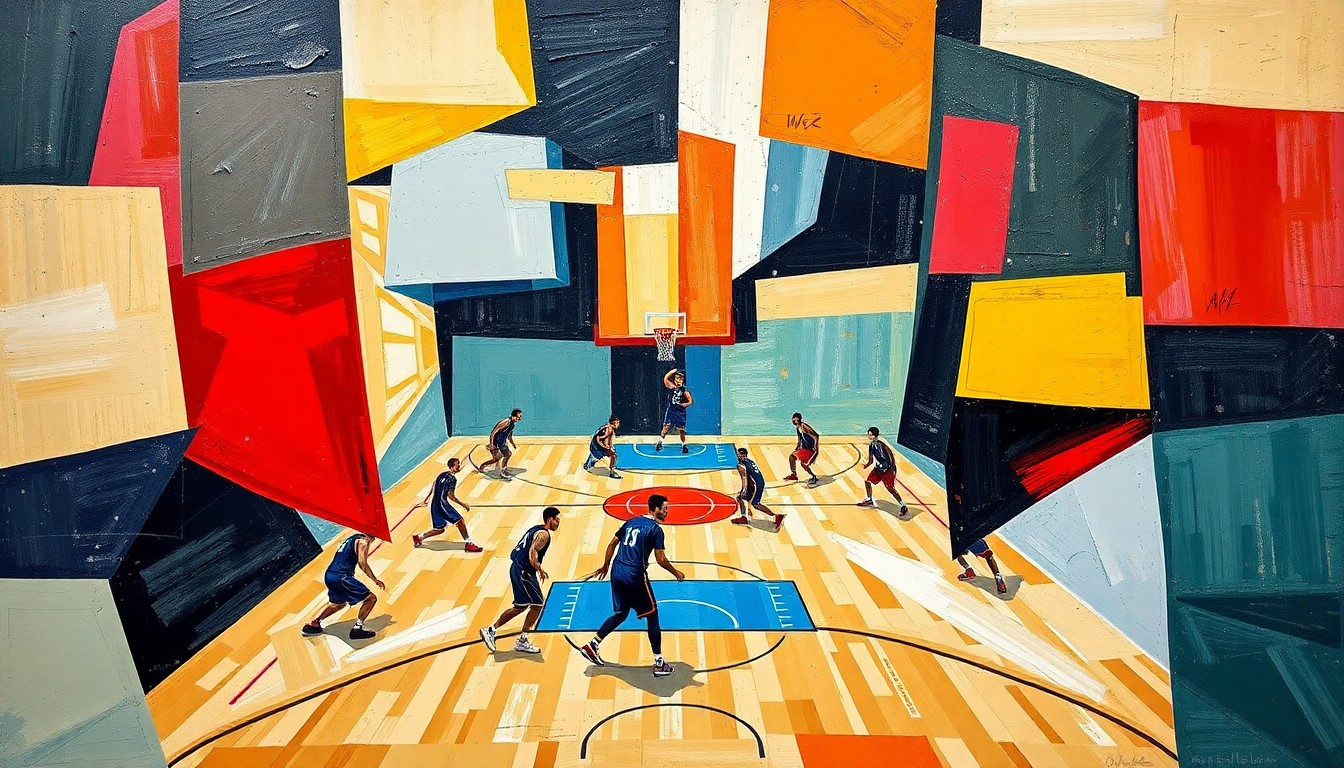 A fragmented, cubist-style painting depicting a basketball game or match, with the players and court broken down into sharp, overlapping geometric shapes and planes of color, conveying the raw energy and emotion of the sport.