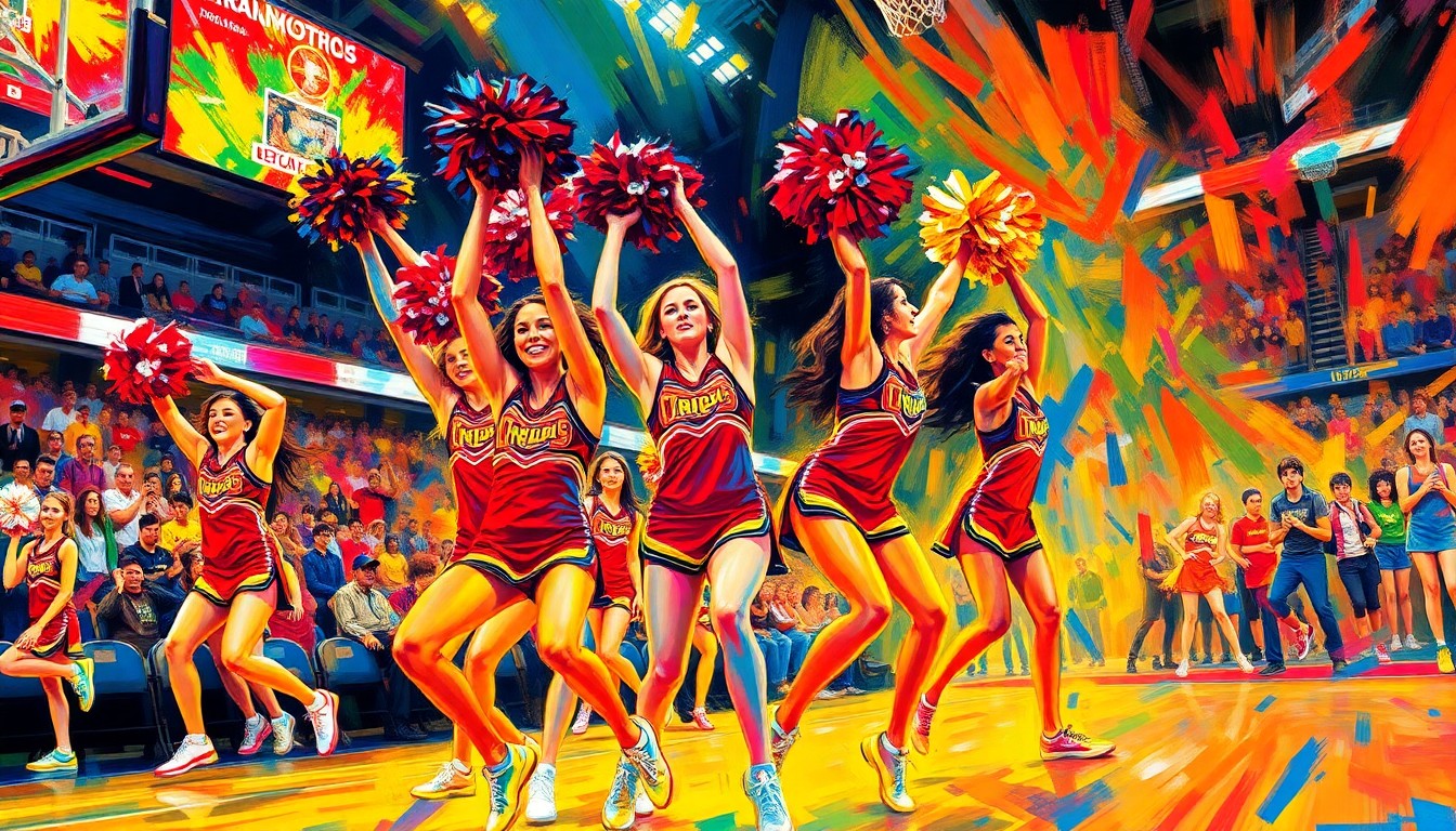 An abstract, energetic painting featuring bright neon brushstrokes and shapes that capture the dynamic movements and spirit of high school cheerleaders performing at a basketball game.