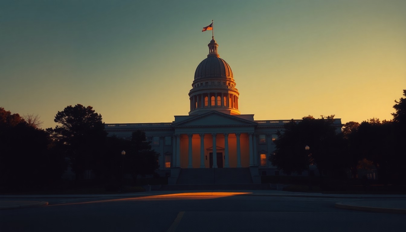 A serene, cinematic painting of the Georgia State Capitol building, its grand architecture and columns casting long shadows across the scene as warm sunlight streams in from the side, creating a contemplative, nostalgic mood.