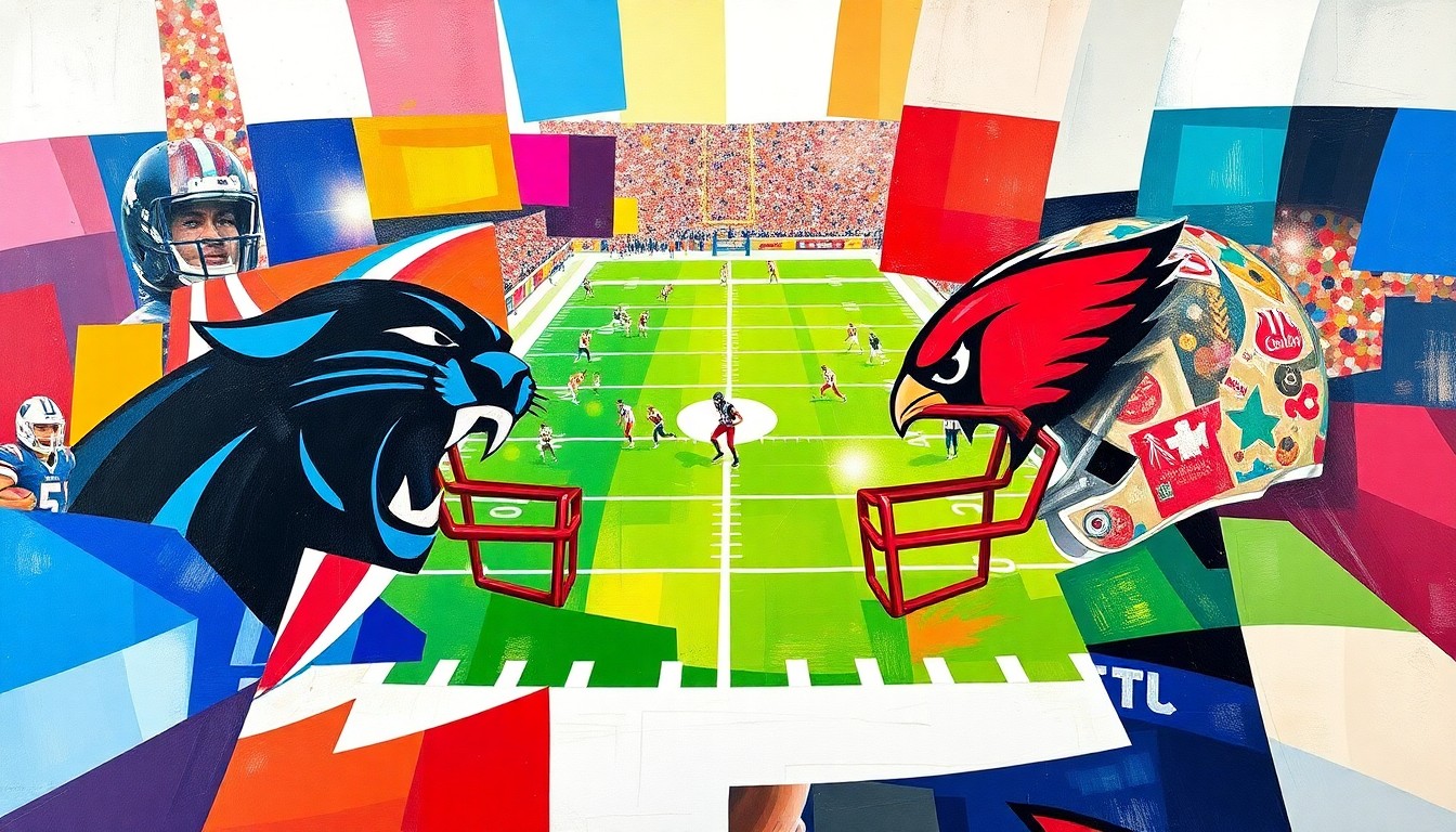 A cubist, geometric painting depicting a football game in motion, with sharp, overlapping planes of the team colors of the Carolina Panthers and Arizona Cardinals, conveying the dynamic energy and competition of the sport.