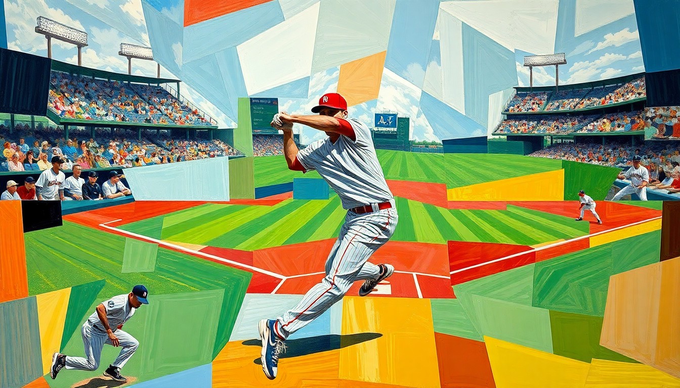 A fractured, geometric painting depicting the motion of a baseball pitcher, with sharp planes and angles representing the Dodgers' analytical approach to roster construction.