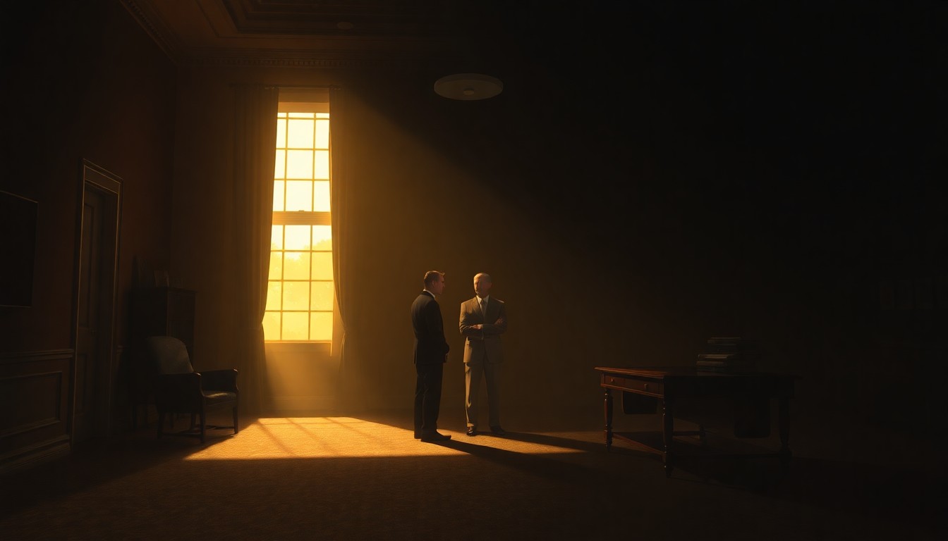 A serene, cinematic painting depicting a lone politician standing in a dimly lit government office, the scene bathed in warm, diagonal sunlight and deep shadows, conveying a sense of contemplation and nostalgia.