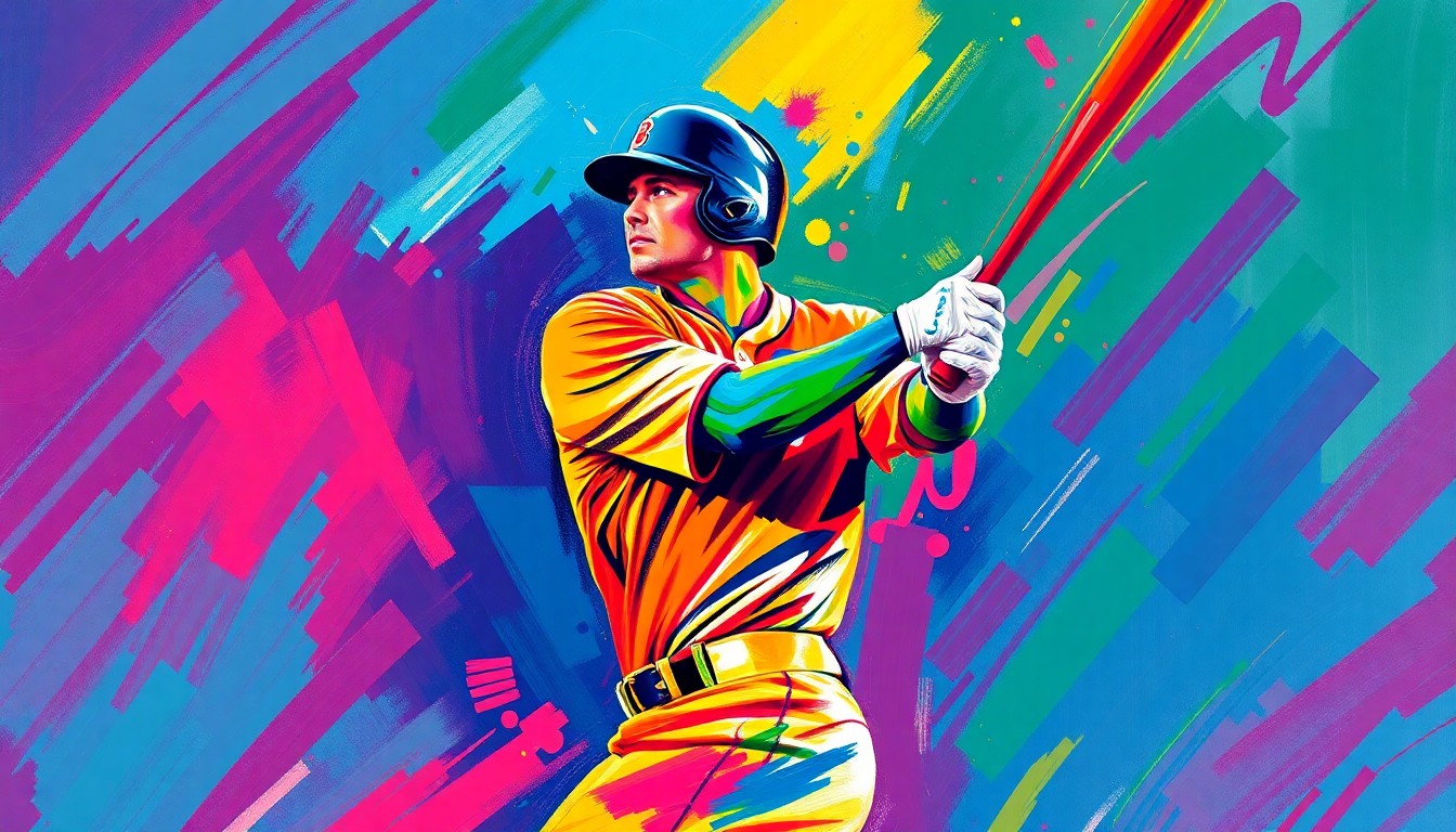 An abstract painting with bold, neon-colored brushstrokes that convey the raw power and athleticism of a baseball player in motion, without any identifiable faces or logos.